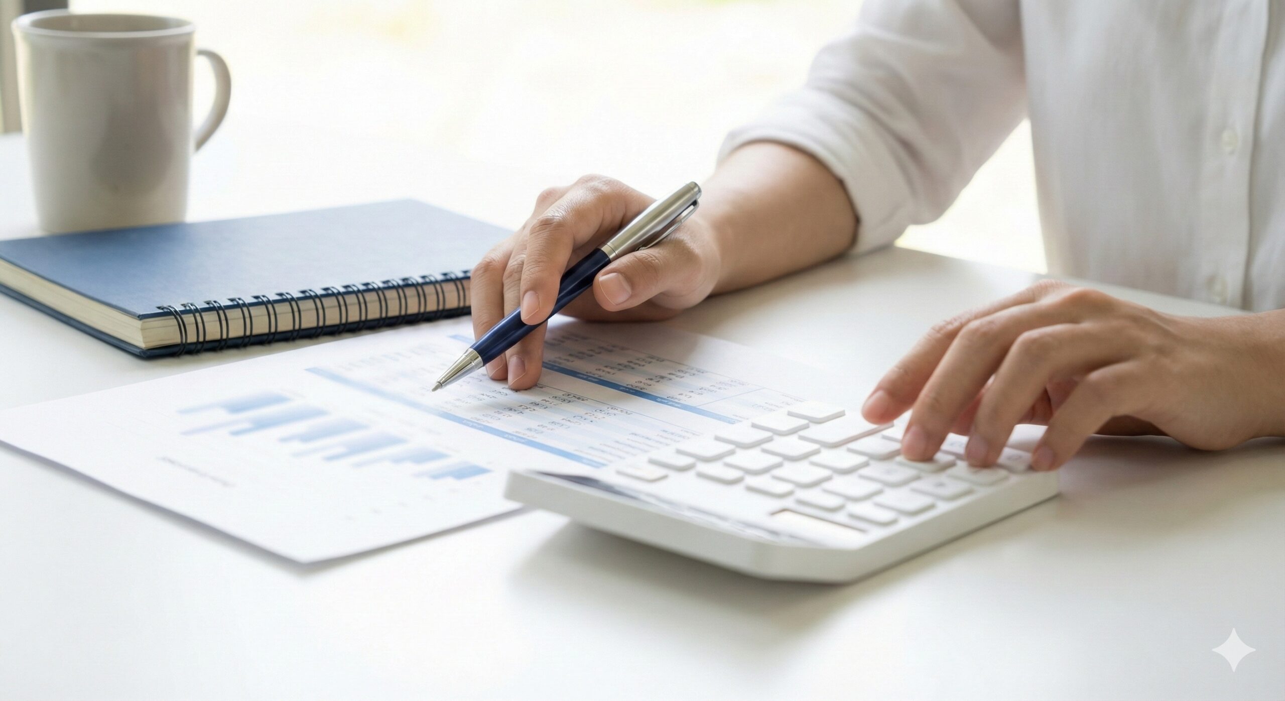 Close-up of a professional accountant's hands using a calculator and holding a pen over financial documents.
